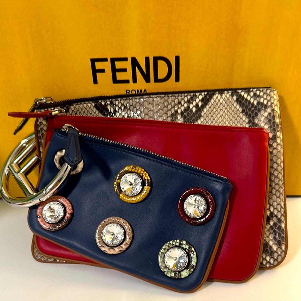 Fendi Triplette Exotic Leather Red, Blue & Snakeskin Clutch w Studs Collection